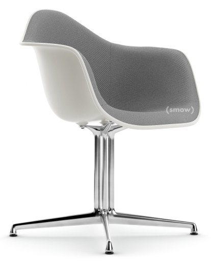 Eames Plastic Armchair DAL, White RE, With full upholstery, Nero / ivory, Aluminium polished, New seat height (43,0 cm)