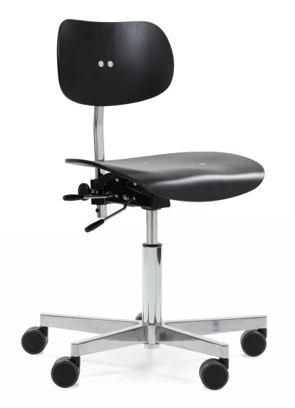 S 197 R20 Swivel Chair, Without armrests, Black stained beech, Chrome plated/polished aluminum, Standard castors black for carpet
