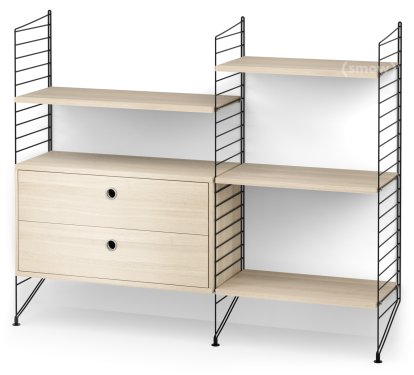 String System Floor Shelf with Drawers, Black, Ash veneer