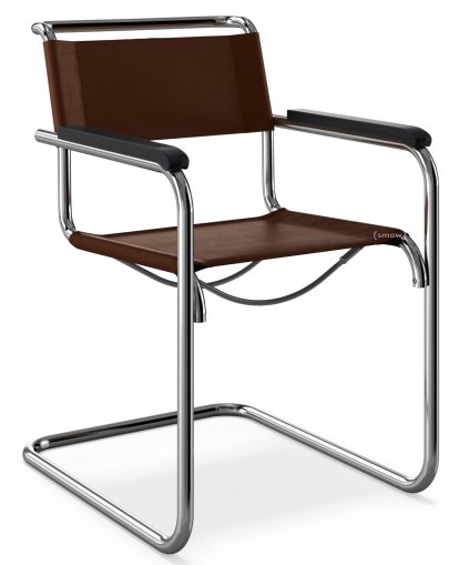 S 33 / S 34 Lether Cantilever Chair, Armrests black stained beech, Butt leather, Chocolate, Black plastic glides with felt