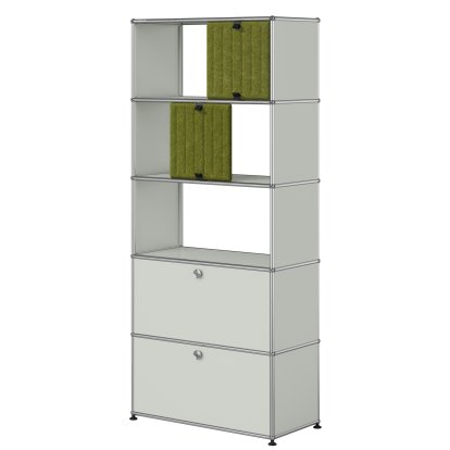 USM Haller filing shelf with 2 flaps, top without back panels with two USM Haller Soft Panels, vertical, Light grey RAL 7035, Green / Light green
