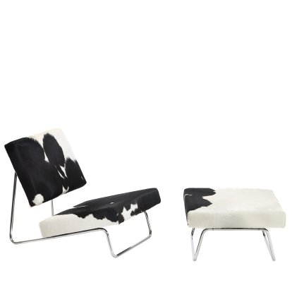 Hirche Lounge Chair, Cowhide, black/white, Chrome, with footstool