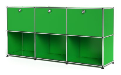 USM Haller Sideboard 50, Customisable, USM green, With 3 drop-down doors, Open
