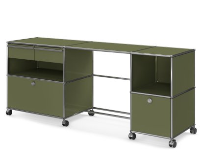 USM Haller Desktop Type 3, Olive green RAL 6003, Soft castors for hard floor surfaces
