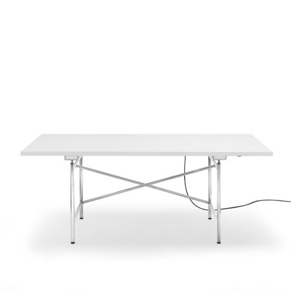Eiermann 1 Table E (Electric Height Adjustment), White melamine with white edge, 180 x 90 cm, Chrome, Without cable duct