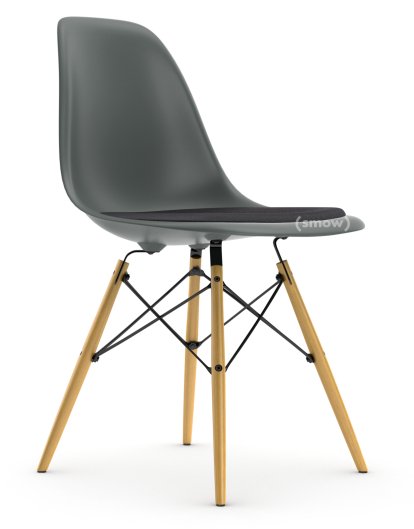 Eames Plastic Side Chair DSW, Granite grey, With seat upholstery, Dark grey, Standard version - 43 cm, Ash honey tone