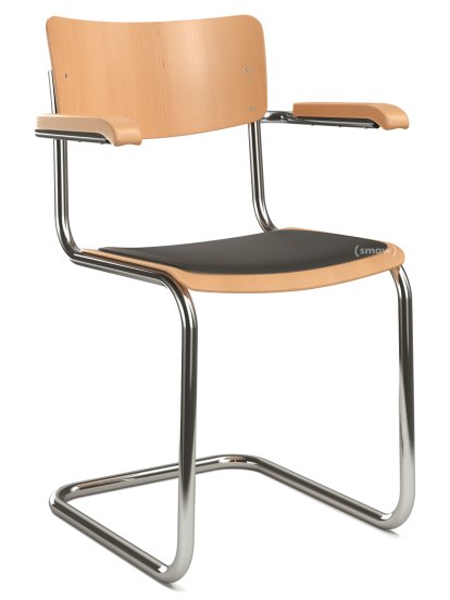 S 43 F Classic Cantilever Chair, Chrome-plated frame, Stained beech, Natural beech, Seat pad with upholstery black, No glides