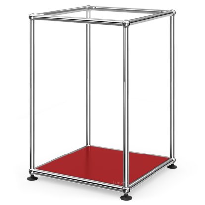 USM Haller Side Table 35 High, Upper panel glass, lower panel metal, USM ruby red