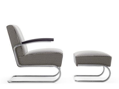 S 411 Cantilever Chair, Fabric Double Triangles, Chrome-plated, With footstool, No glides