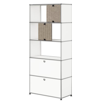 USM Haller filing shelf with 2 flaps, top without back panels with two USM Haller Soft Panels, vertical, Pure white RAL 9010, Taupe / Dark blue
