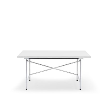 Eiermann 1 Table M (Mechanical Height Adjustment), White melamine with white edge, 140 x 80 cm, Chrome