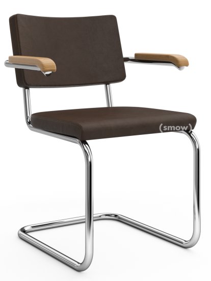 S 64 PV Pure Materials Cantilever Chair, Nubuk Leather dark brown, Oak, Chrome-plated, No glides