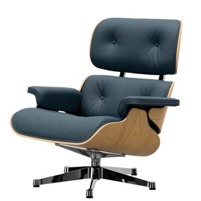Eames Lounge Chair, Chestnut, natural, Leather Premium F smoky blue, 84 cm - Original height 1956, Aluminium polished