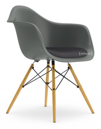 Eames Plastic Armchair RE DAW, Granite grey, With seat upholstery, Dark grey, Standard version - 43 cm, Yellowish maple
