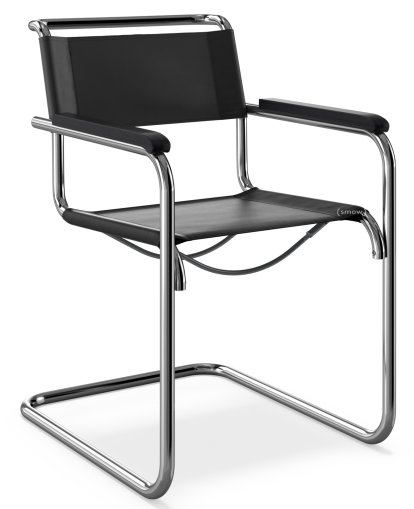 S 33 / S 34 Lether Cantilever Chair, Armrests black stained beech, Butt leather, Black, Black plastic glides with felt