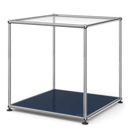 USM Haller Side Table 50 High, Upper panel glass, lower panel metal, Steel blue RAL 5011