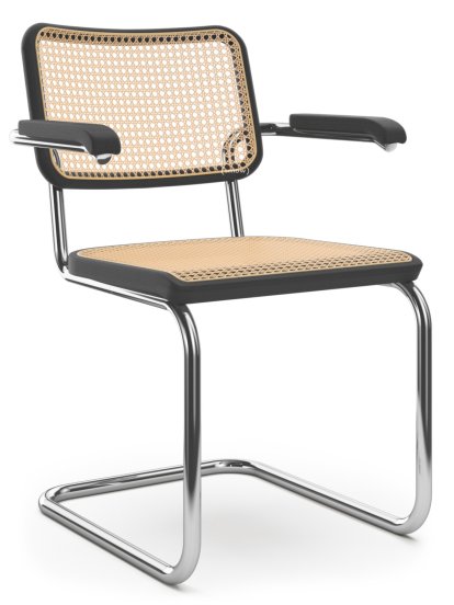 S 64 / S 64 N Cantilever Chair, Cane-work (with supporting mesh underneath seat), Black stained beech, No glides