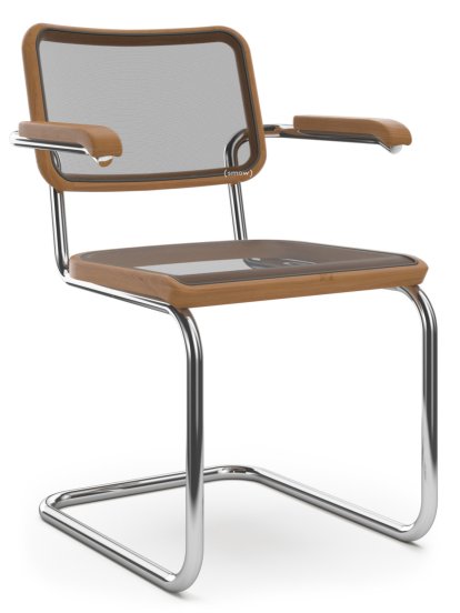 S 64 / S 64 N Cantilever Chair, Stretched synthetic netting, Cherry stained beech, No glides