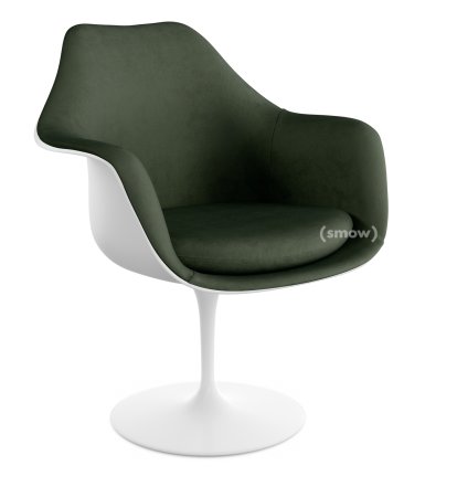 Saarinen Tulip Armchair, Static, Upholstered inner shell and seat cushion, White, Bottle Green (Eva 144)