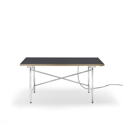 Eiermann 1 Table E (Electric Height Adjustment), Linoleum charcoal (Forbo 4166) with oak edge, 140 x 80 cm, Chrome, With cable duct