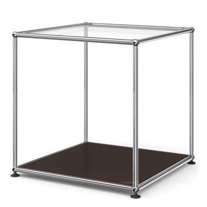 USM Haller Side Table 50 High, Upper panel glass, lower panel metal, USM brown