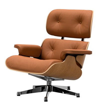 Eames Lounge Chair, Cherry, natural , Leather Premium F cognac, 84 cm - Original height 1956, Aluminium polished