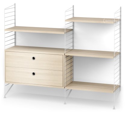 String System Floor Shelf with Drawers, White, Ash veneer