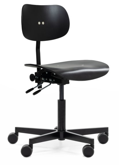 S 197 R20 Swivel Chair, Without armrests, Black stained beech, Matt black powder-coated, Standard castors black for carpet
