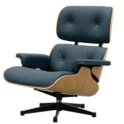 Eames Lounge Chair, Chestnut, natural, Leather Premium F smoky blue, 89 cm, Aluminium polished, sides black