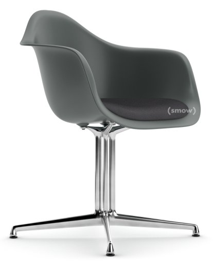 Eames Plastic Armchair RE DAL, Granite grey, With seat upholstery, Dark grey, Aluminium polished, New seat height (43,0 cm)