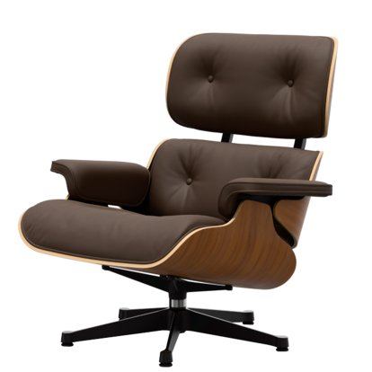 Eames Lounge Chair, Walnut, natural, Leather Premium F marron, 84 cm - Original height 1956, Aluminium polished, sides black