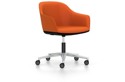 Softshell Chair with five star base, Aluminium polished, Plano, Orange, Soft castors for hard floor surfaces
