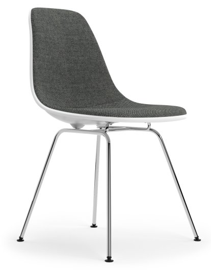 Eames Plastic Side Chair DSX, Cotton white, With full upholstery, Nero / ivory, Standard version - 43 cm, Chrome-plated