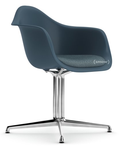Eames Plastic Armchair RE DAL, Sea blue, With seat upholstery, Ice blue / moor brown, Aluminium polished, New seat height (43,0 cm)