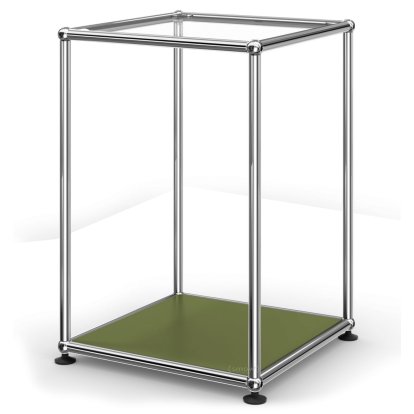 USM Haller Side Table 35 High, Upper panel glass, lower panel metal, Olive green RAL 6003