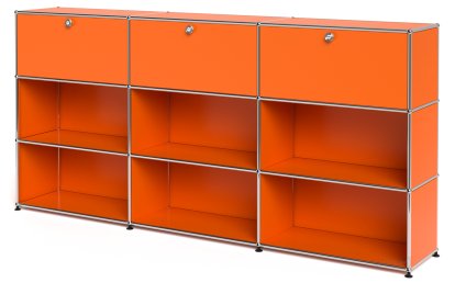 USM Haller Highboard XL, Customisable, Pure orange RAL 2004, With 3 drop-down doors, Open, Open