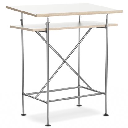 High Desk Milla, 70cm, Clear lacquered steel, White melamine with oak edges