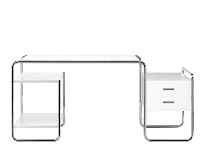 S 285 Desk, Ash pure white, open-pored lacquered, 1 small drawer unit/2 shelves