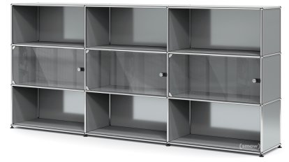 USM Haller Highboard XL with 3 Glass Doors, with lock handle, Mid grey RAL 7005