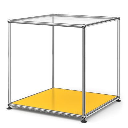 USM Haller Side Table 50 High, Upper panel glass, lower panel metal, Golden yellow RAL 1004