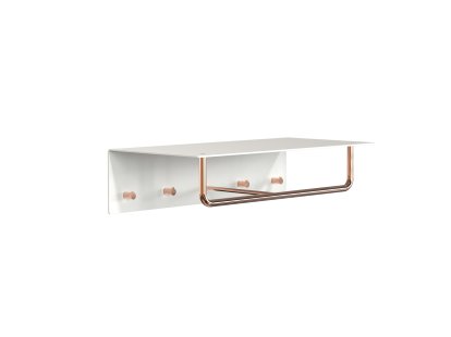 Unu wall coat rack, With rod, With 4 hooks, White matt / polished copper 