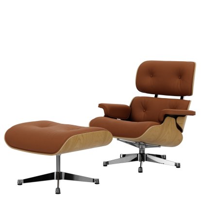 Eames Lounge Chair & Ottoman, Chestnut, natural, Leather Premium F cognac, 84 cm - Original height 1956, Aluminium polished