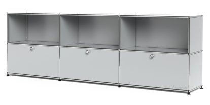 USM Haller Sideboard XL, Customisable, Light grey RAL 7035, Open, With 3 drop-down doors
