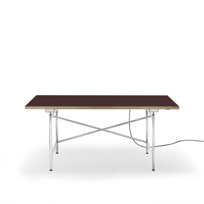 Eiermann 1 Table E (Electric Height Adjustment), Linoleum burgundy (Forbo 4154) with oak edge, 160 x 80 cm, Chrome, With cable duct