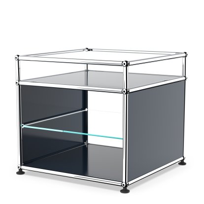 USM Haller side table with extension and glass divider shelf , Steel blue RAL 5011