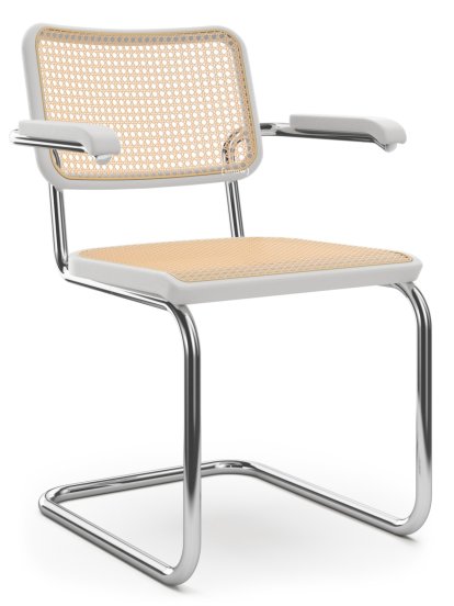 S 64 / S 64 N Cantilever Chair, Cane-work (with supporting mesh underneath seat), White varnished beech, Black plastic glides with felt