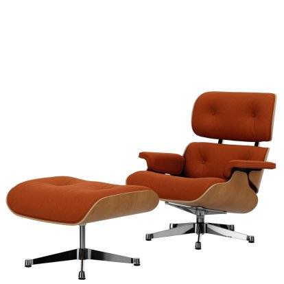 Eames Lounge Chair & Ottoman Calma, Cherry, natural , Calma, cognac, 84 cm - Original height 1956, Aluminium polished