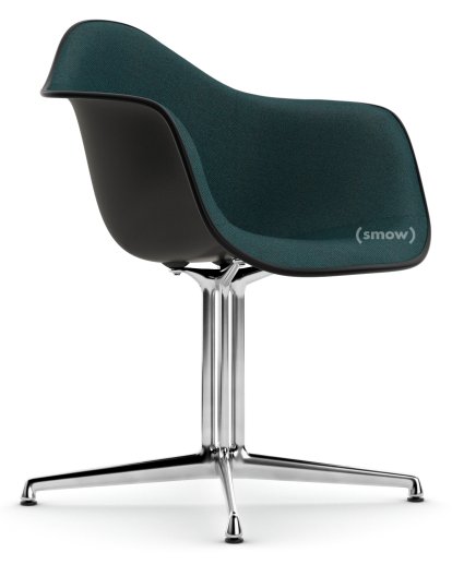 Eames Plastic Armchair RE DAL, Deep black, With full upholstery, Petrol / moor brown, Aluminium polished, New seat height (43,0 cm)