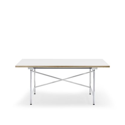 Eiermann 1 Table M (Mechanical Height Adjustment), White melamine with oak edge, 160 x 80 cm, Chrome
