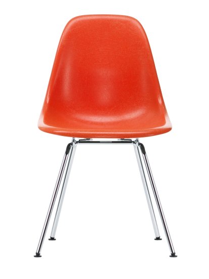 Eames Fiberglass Chair DSX, Eames red orange, Polished chrome